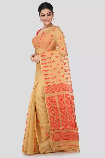 Beige Hand Woven Pure Cotton Saree Without Blouse