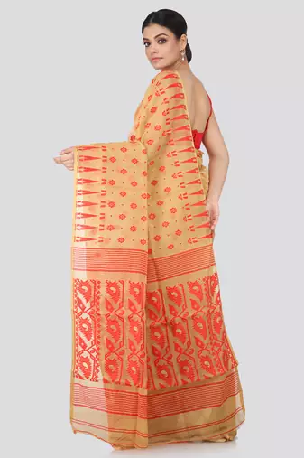 Beige Hand Woven Pure Cotton Saree Without Blouse