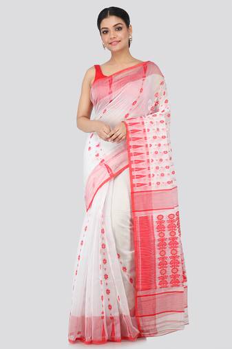 White hand woven pure cotton saree 