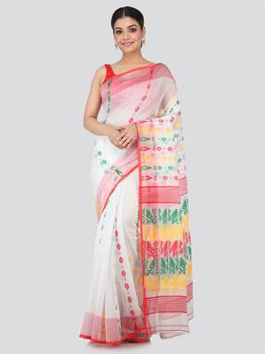White Hand Woven Pure Cotton Saree Without Blouse 1