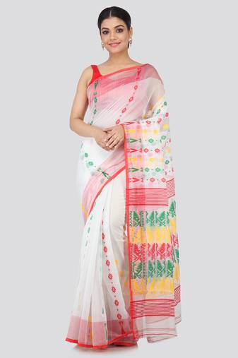 White Hand Woven Pure Cotton Saree Without Blouse