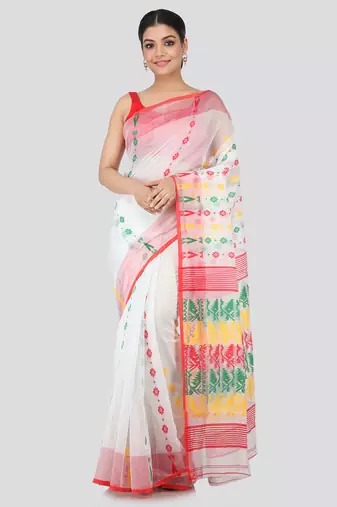 White Hand Woven Pure Cotton Saree Without Blouse