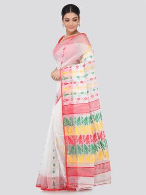 White Hand Woven Pure Cotton Saree Without Blouse 2