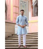 Light blue digital printed polyester blend straight kurta for men