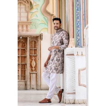 Bronze digital printed polyester blend straight kurta for men 3
