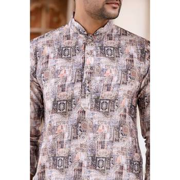 Bronze digital printed polyester blend straight kurta for men 4