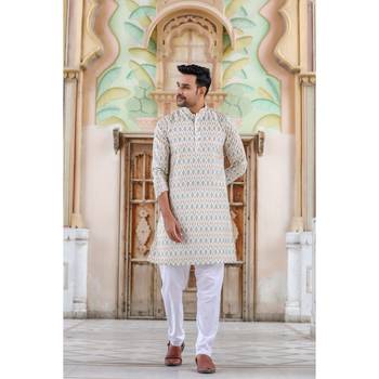 Light yellow digital printed polyester blend straight kurta for men 1
