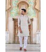 Light yellow digital printed polyester blend straight kurta for men