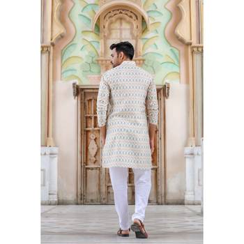 Light yellow digital printed polyester blend straight kurta for men 2