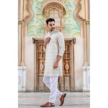 Light yellow digital printed polyester blend straight kurta for men 4