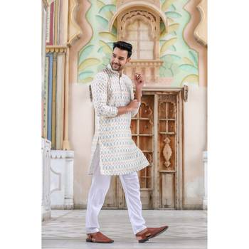 Light yellow digital printed polyester blend straight kurta for men 5