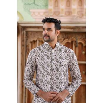 Green multi digital printed polyester blend straight kurta for men 4