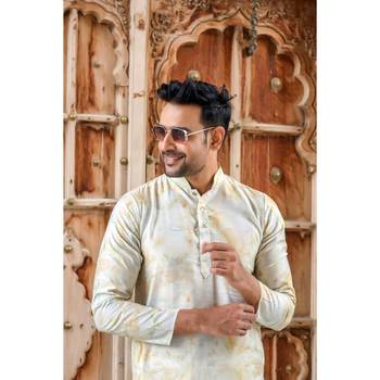 Gold digital printed polyester blend straight kurta for men 4