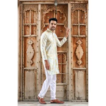 Gold digital printed polyester blend straight kurta for men 5