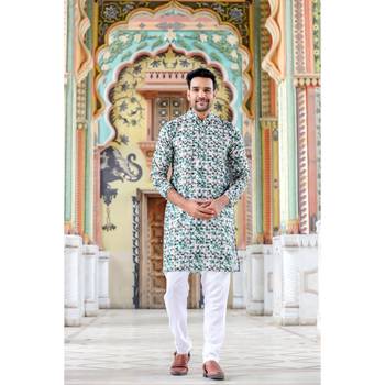 Turquoise digital printed polyester blend straight kurta for men 1