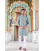 Turquoise digital printed polyester blend straight kurta for men