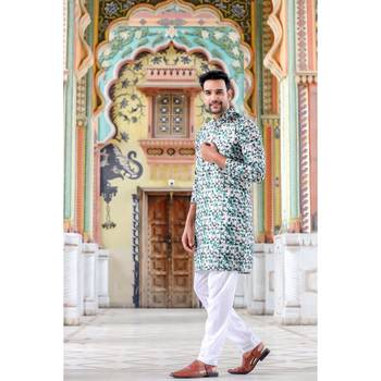 Turquoise digital printed polyester blend straight kurta for men 2