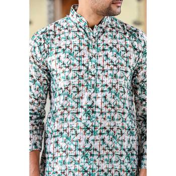 Turquoise digital printed polyester blend straight kurta for men 3