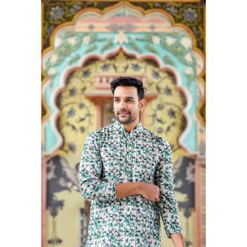 Turquoise digital printed polyester blend straight kurta for men 4