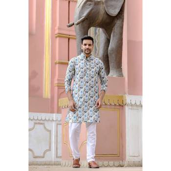 Blue digital printed polyester blend straight kurta for men 1