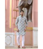 Blue digital printed polyester blend straight kurta for men