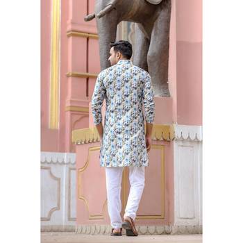 Blue digital printed polyester blend straight kurta for men 2