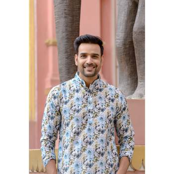Blue digital printed polyester blend straight kurta for men 4