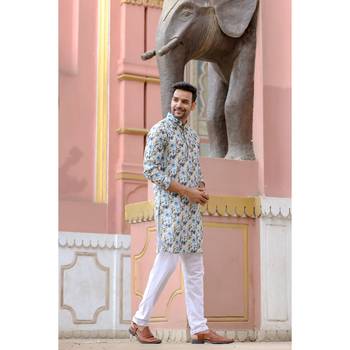 Blue digital printed polyester blend straight kurta for men 5