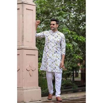 White digital printed polyester blend straight kurta for men 1
