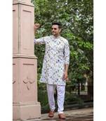 White digital printed polyester blend straight kurta for men