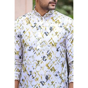 White digital printed polyester blend straight kurta for men 3