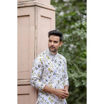 White digital printed polyester blend straight kurta for men 4