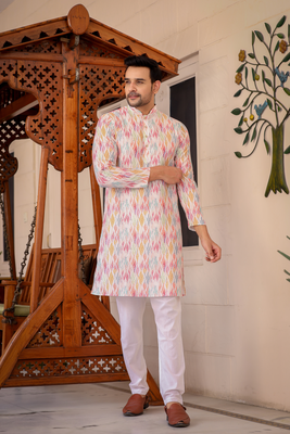 Multicolored digital printed polyester blend straight kurta for men 1