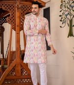 Multicolored digital printed polyester blend straight kurta for men