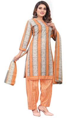 light orange & white cotton blend printed ready to wear salwar suit 4