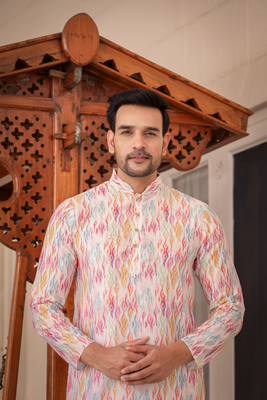 Multicolored digital printed polyester blend straight kurta for men 4