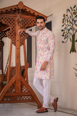 Multicolored digital printed polyester blend straight kurta for men 5