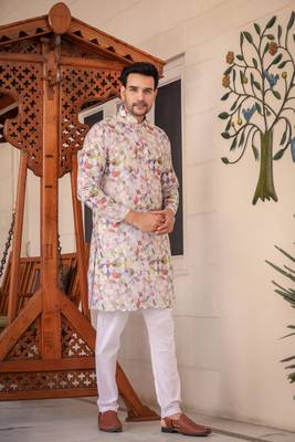 Multicolored digital printed polyester blend straight kurta for men 1