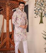 Multicolored digital printed polyester blend straight kurta for men