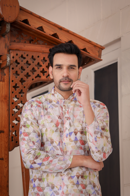Multicolored digital printed polyester blend straight kurta for men 2