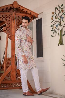 Multicolored digital printed polyester blend straight kurta for men 4
