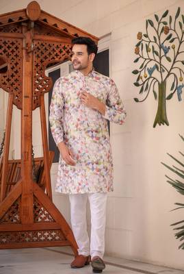 Multicolored digital printed polyester blend straight kurta for men 5