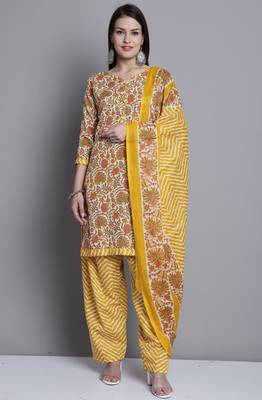yellow & orange cotton blend printed ready to wear salwar suit 1