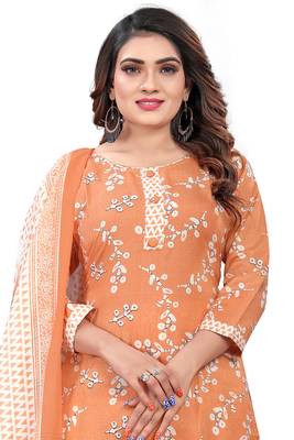 Light Orange Cotton Floral Printed Salwar Suit For Work and Events 1