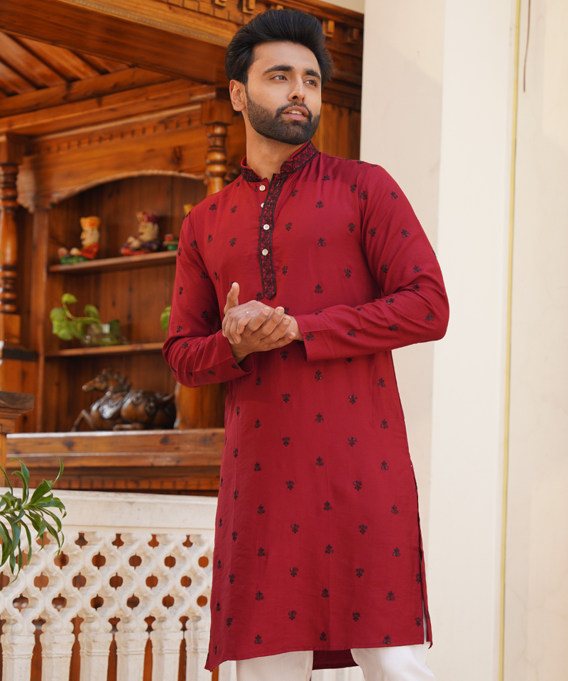 Maroon sequence work viscose rayon embroidered wedding wear kurta for men