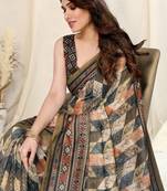 Olive Green Cotton Geometric Print Tassels Saree With Unstitched Blouse Piece