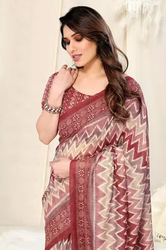 Maroon cotton chevron /geometric print tassels saree with unstitched blouse piece