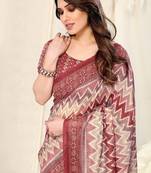 Maroon cotton chevron /geometric print tassels saree with unstitched blouse piece