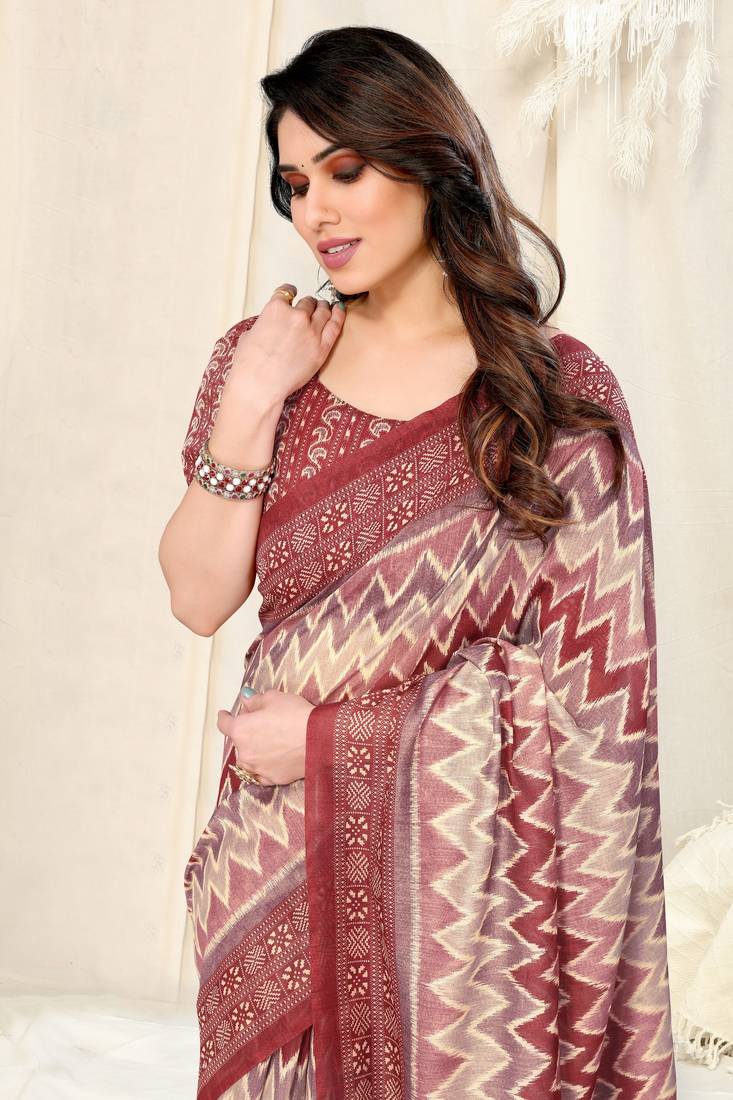 Maroon cotton chevron /geometric print tassels saree with unstitched blouse piece