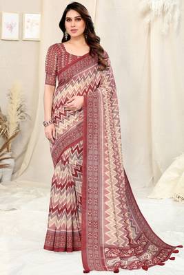 Maroon cotton chevron /geometric print tassels saree with unstitched blouse piece 2